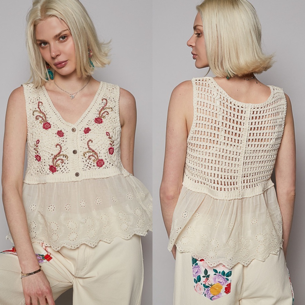 NEW POL Crochet Embroidered Floral Tank Top • Boho V-Neck Beach Summer OS - Picture 2 of 6